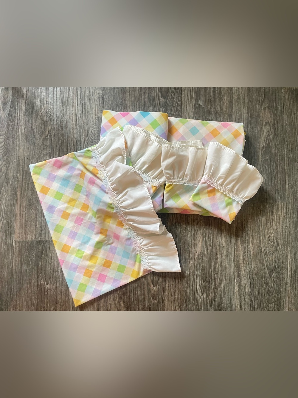 Vintage 6 Piece Sheet Set Royal Cannon Pastel Gingham w Ruffle Cotton King Sz - Picture 3 of 7